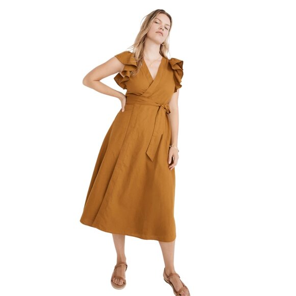 Madewell Women's Linen-Blend Ruffle-Sleeve Wrap Midi Dress - Antique Gold, Small - Picture 1 of 10